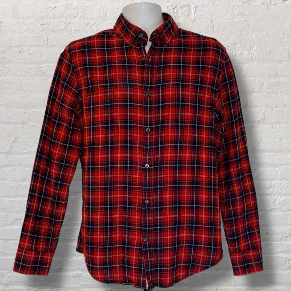 Banana Republic Slim Fit Plaid Flannel Shirt Red Navy Check Cotton Medium